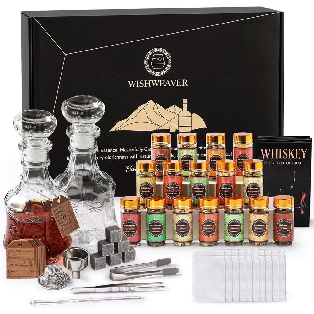 Whiskey Infusion Gift Set with Glass Decanters - Clear & Gold Accents